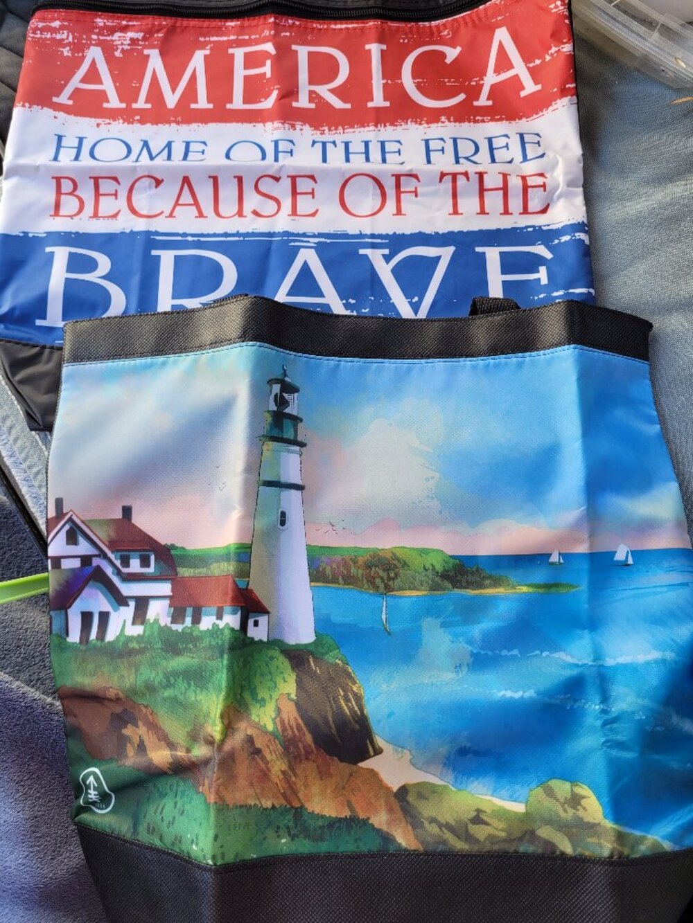 TWO Large Tote Travel Bag 17" x 6"/9" Strap Butterfly Floral Snowmen pattern